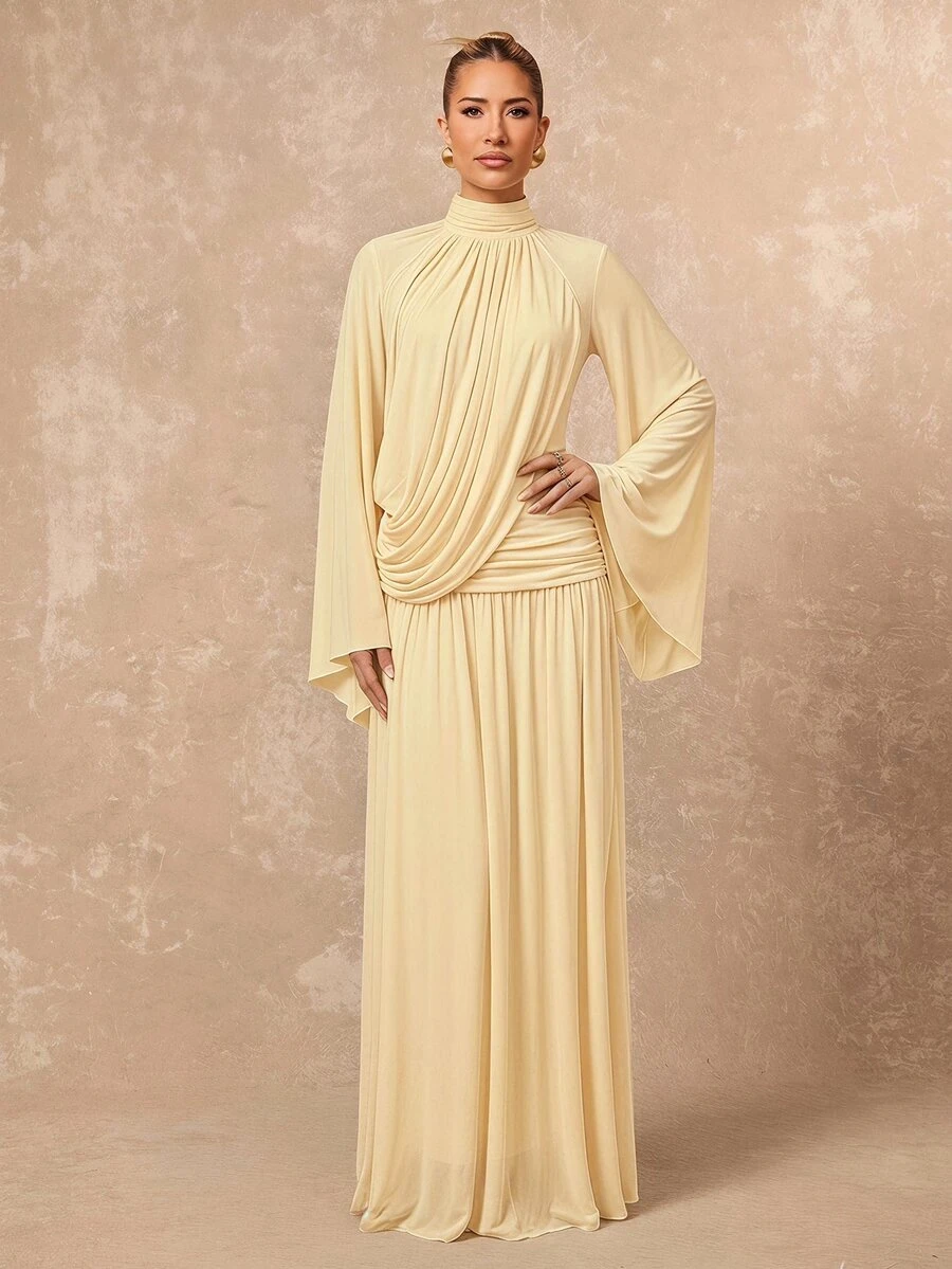 Lumalex Fall Winter Soft Comfortable Mesh Mock Neck Flowy Long Sleeve Ruched Draped Bodycon Dress With Flared Hem For Women Dawn-To-Gala Elegant Poised Let Yo