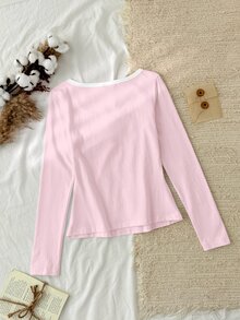 Tseoso 女款棉感粉白配色 95%棉半排扣 T-shirt，百搭四季居家服，優雅休閒時尚日常秋季款 - 彩色 - 查看 2
