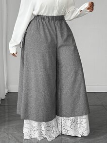 Maweii Plus Size 2 In 1 Lace Patchwork Side Bowknot Long Pants - Dark Grey - View 5