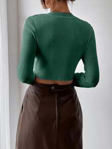 SHEIN Autumn Casual Solid Color Cropped Sweater - Dark Green - View 2