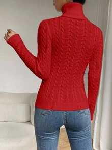 SHEIN Women's Elegant Cable Knit High Neck Long Sleeve Pullover Sweater - Red - View 2