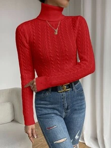 SHEIN Women's Elegant Cable Knit High Neck Long Sleeve Pullover Sweater - Red - View 6