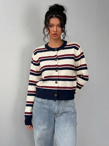 SHEIN BASICS 女款開襟衫，適合春、秋、冬，高端配色，優雅條紋，返校穿搭 - 彩色 - 查看 6