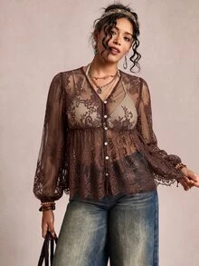 Freevana 女款蕾絲貝殼鈕扣透視襯衫 大尺碼寬鬆優雅休閒日常街頭出遊通勤度假 春夏女裝大尺碼襯衫 - 咖啡棕 - 查看 8