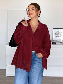 SHEIN Essnce 大尺碼女款純色休閒百搭日常長袖襯衫 - 酒紅色 - 查看 5