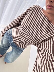 Siren Gaze Women's Boat Neck Batwing Long Sleeve Striped T-Shirt, Autumn New Style - Brown - View 7