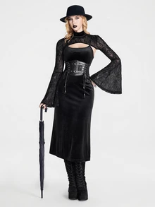 Breakform Gothic Halloween Women's Black Embossed Lace Sexy Textured Semi-High Neck Extended Bell Sleeve Architectural Patterns Gothic Niche Sleeve Top - Black - View 4