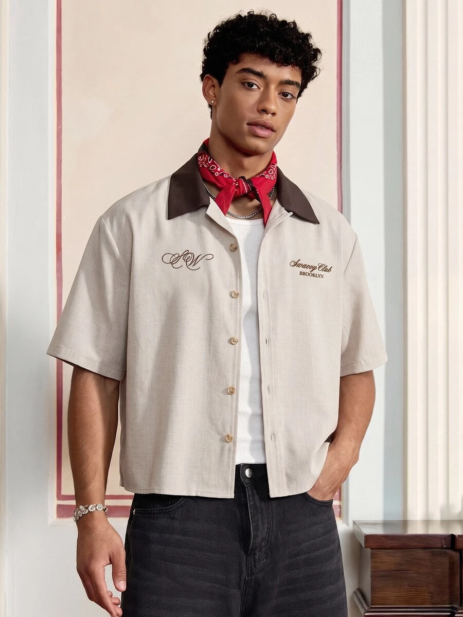 SWAVVY Kemeja Pria Model Single-Breasted dengan Motif Huruf Gaya Kampus - Aprikot - View 1