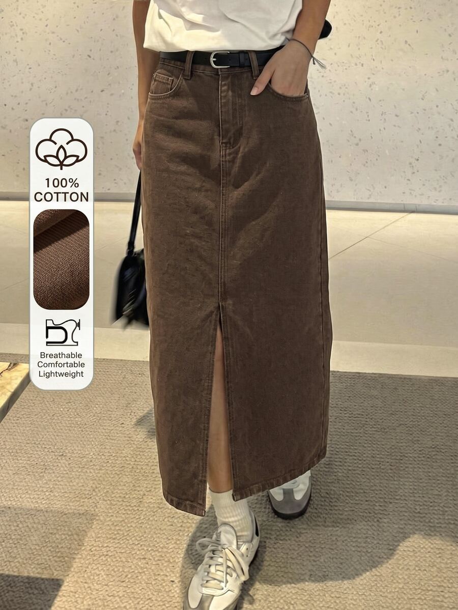 Comfortcana Women's Long Casual Denim Skirt With Pockets And Split Hem - Mocha Brown - View 1