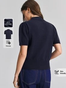 Ontre Women's Minimalist Versatile Zipper Short Sleeve Knit Top - Navy Blue - View 3