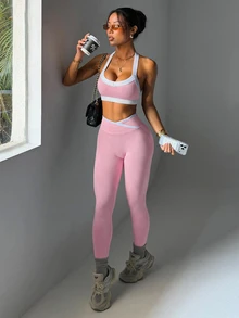 Women's Colorblock Trim Backless Halter Neck Cropped Top & Leggings Sports Set - Pink - View 5