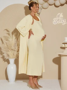 Loomaby Maternity Solid Color Spaghetti Strap Dress And Cardigan Casual 2 Pieces Set - Yellow - View 7