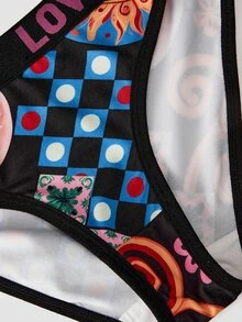 Chillnights Young Colorblock Leopard Plaid Sun Print Letter Webbing 2pcs/Set Women's Triangle Panties - Multicolor - View 4