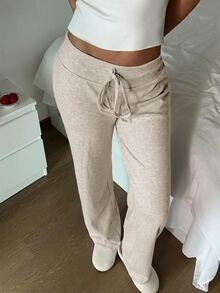SHEIN EZwear 女款保暖內裡粉色舒適長褲，適合秋冬穿著 - 卡其色 - 查看 4
