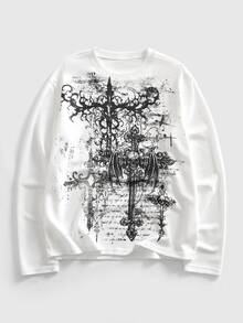 ROMWE MEN Street Life Casual Long Sleeve Sweatshirt, Skull And Wings Print, Suitable For Daily Casual Wear, Autumn Style - White - View 1