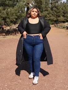 Enliva 大尺碼女款高腰口袋修身休閒百搭牛仔褲 - 深色水洗藍 - 查看 5