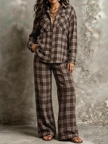 Linhara CURVE Plus Size Women's Casual Check Shirt And Pants Autumn Set - Brown - View 4