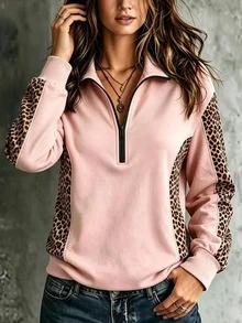 EMERY ROSE Sweatshirt Lengan Panjang Kasual Wanita Motif Leopard Patchwork - MultiWarna - View 5