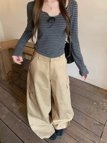 DAZY 女款休閒純色寬腿工裝褲 - 卡其色 - 查看 7