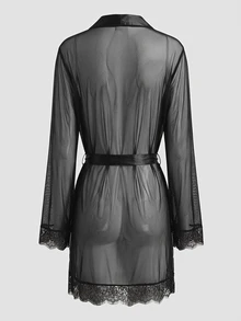 Charlaine French Women's 2-Piece Mesh Eyelash Lace Comfortable Sexy Nightgown Set - Black - View 8