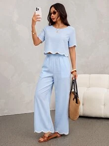 SHEIN PETITE 2件組女款夏季休閒黑白格紋對比色圓領短袖上衣與長褲套裝 - 淺藍色 - 查看 6