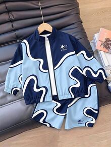 SHEIN Coolqubz 小男孩字母圖案前開拉鍊夾克與短褲休閒套裝 - 藍色 - 查看 1