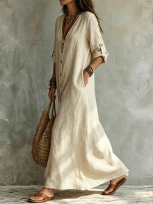 Linhara CURVE Autumn/Winter New Minimalist Versatile V-Neck Button-Down Single-Breasted Long Sleeve A-Line Dress, Fashion Slimming Figure-Flattering Plus Size Dress - Apricot - View 3
