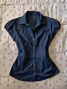 IslaSuriya 女款極簡單排扣百褶腰設計襯衫，適合日常穿著 - 寶藍色 - 查看 1