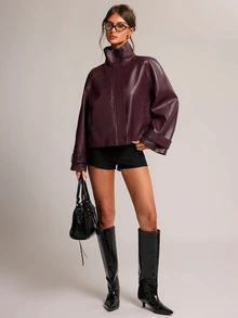 SHEIN BAE 女款時尚街頭風高領鈕扣長袖夾克外套 - 酒紅色 - 查看 1
