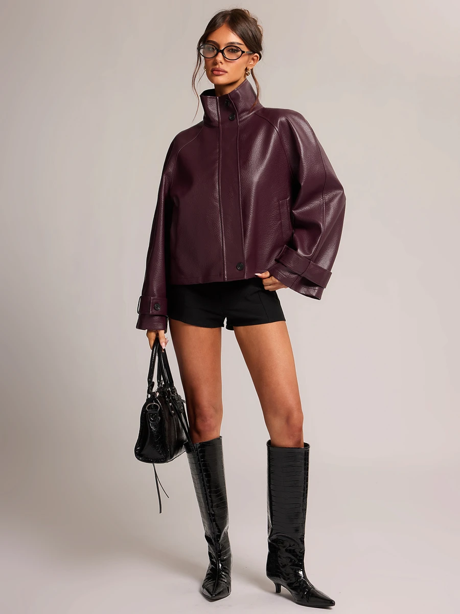 SHEIN BAE 女款時尚街頭風高領鈕扣長袖夾克外套 - 酒紅色 - 查看 1