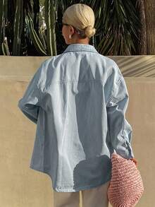 Livesso Women's Loose Fit Long Sleeve Cotton Denim Shirt With Collar - Light Wash - View 2