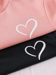 SHEIN 女童小女孩純色愛心圖案連帽秋季運動衫與內搭褲套裝，件 - 彩色 - 查看 4