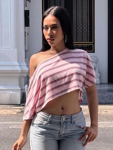 Slaydiva 女款條紋不對稱肩短版休閒T恤 - 彩色 - 查看 3