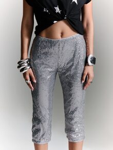 BAD SUNDAY Women's Sequin Slim Fit Capri Pants, Y2K Sexy Millennium Hot Girl Versatile All Season Style, Summer/ Ibiza Clubbing Party Silver - Silver - View 6