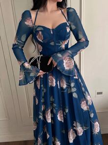 Feyla 女款優雅花卉印花洋裝 - 水鴨藍 - 查看 3