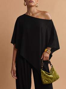 Zivah Women's Summer Solid Color Asymmetrical Shoulder Asymmetrical Hem Top And Jogger Pants Casual Set - Black - View 9