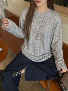 DAZY 女款圓領寬鬆長袖波點長版T恤 - 灰色 - 查看 4