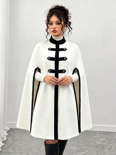 Elenzga Elegancka, smuklona kurtka typu peleryna dla kobiet plus size, czarno-biała w bloki kolorystyczne
