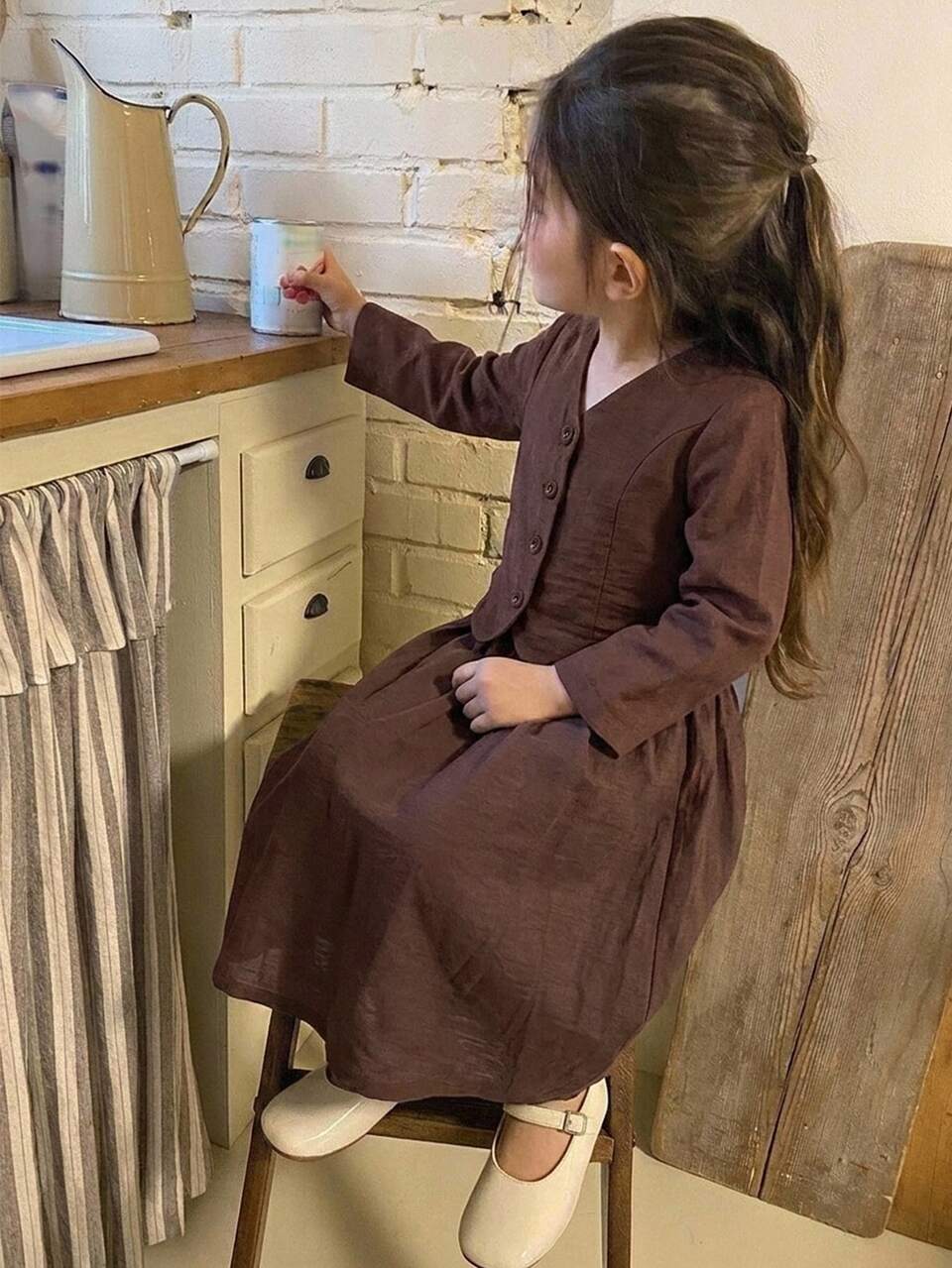 Young Girl Fall Clothes Girls (Small) V-Neck Blouse Long Sleeve Autumn/Winter + A-Line Skirt 2 Pieces Set