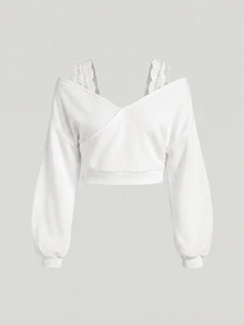 SHEIN MOD 大尺碼韓系百搭蕾絲拼接長袖運動衫 - 白色 - 查看 2