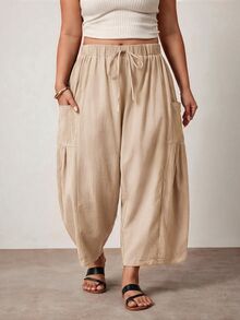 Enliva Plus Size Loose Fit Drawstring Casual Cropped Pants Fall - Apricot - View 3