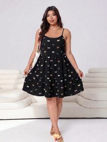 SHEIN EZwear 女款大尺碼全印花休閒日常夏季細肩帶洋裝 - 黑色 - 查看 4