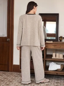 Doze Lane Casual Elegant Tropical Ribbed Contrast Trim Open Front V-Neck Long Sleeve Pants Plus Size Pajama Set Sleep Night Gray White Autumn - Khaki - View 2