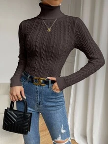 SHEIN LUNE 復古百搭高領麻花編織長袖套頭毛衣 - 咖啡棕 - 查看 3