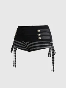 ROMWE Trash Punk Cute Vintage Music Festival Striped Colorblock Black & Grey Drawstring Super Short Women's Shorts - Multicolor - View 5