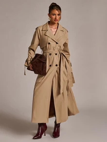 SHEIN BAE Women's Solid Color Double-Breasted Long Sleeve Casual Overcoat - Khaki - View 6