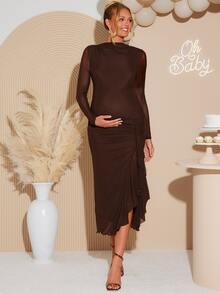 Loomaby Gaun Pesta Hamil Elegan Warna Polos dengan Hiasan Ruffle di Bagian Bawah, Gaun Pengungkapan Jenis Kelamin Bayi, Gaun Hamil, Gaun untuk Acara Baby Shower Musim Gugur - Coklat - View 4