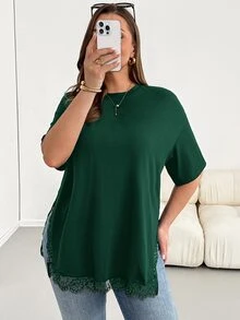 Shapeblank 大尺碼女款純色圓領落肩袖對比蕾絲下擺T恤 - 墨綠色 - 查看 5