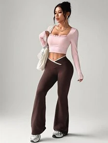 SHEIN Dewbera Solid Color Slim Fit Cropped Long Sleeve Sports T-Shirt - Pink - View 4