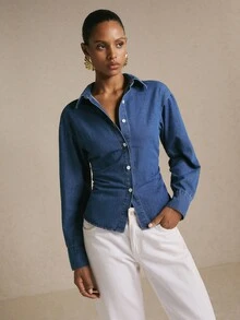 Poéselle Women's Fashion Single-Breasted Cinched Waist Long Sleeve Denim Top - Medium Wash - View 4